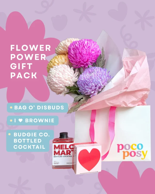 This Flower Power Gift Pack is sweet as heck and packed with 5 fluffy disbuds, a Budgie Co. cocktail, an I ♥ Brownie treat, and a Poco Posy bag to tie it all together.
For your girls, your guys, your fave work wife (or yourself). 

Order this cute lil' pick me up today 💐🍸🍫

#pocoposy #sendflowers #instaflowers #bouquetlove #floweraddict  #flowerpower #localflorist #brisbaneblooms #melbourneblooms #flowerdeliverybrisbane #flowerdeliverymelbourne #bouquetdelivery #BirthdayFlowers #AnniversaryFlowers